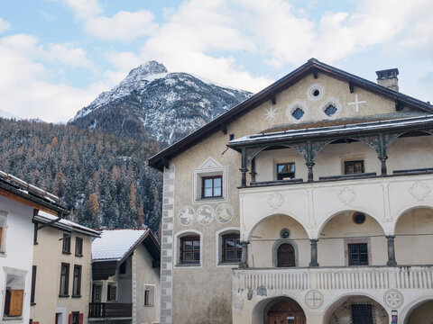 Unique sgraffito murals decorate the traditional houses of the Engadine Valley, Graubunden, Switzerland
