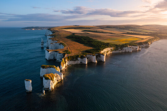 Aerial view of Old Harry Rocks at sunset, Handfast Point, Purbeck, Jurassic Coast, UNESCO World Heritage Site, Dorset, England