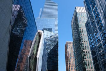 Cityscape from the High Line, a 2.33 km elevated linear park, greenway, and rail trail built on a former Central Railroad spur on the west side of Manhattan, New York City