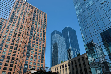 Cityscape from the High Line, a 2.33 km elevated linear park, greenway, and rail trail in built on a former Central Railroad spur on the west side of Manhattan, New York City