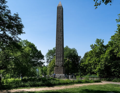 View of Cleopatra's Needle, a red granite obelisk, from the Temple of Ra in Ancient Egypt, Central Park, New York City