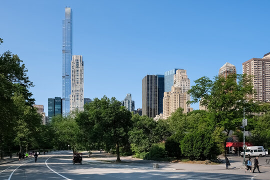 New York City cityscape viewed from the West Drive, the westernmost of Central Park's scenic drives, nestled between Upper West Side and Upper East Side neighborhoods of Manhattan, New York City