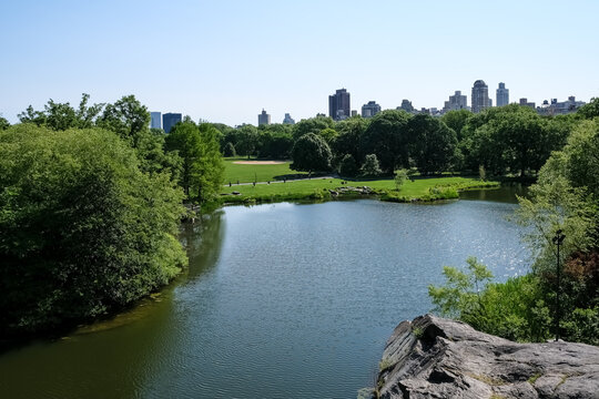 Turtle Pond, a two-acre water body at the bse of Belvedere Castle, popular for relaxing and picnicing in Central Park, Manhattan Island, New York City