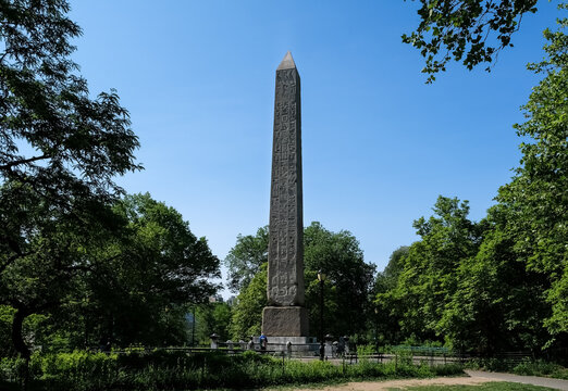 View of Cleopatra's Needle, a red granite obelisk, from the Temple of Ra in Ancient Egypt, Central Park, New York City