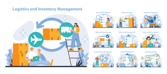 Logistics and Inventory Management set. Streamlining supply chain efficiency with comprehensive operational solutions. Detailed scenes of procurement, warehouse, and environmental oversight.