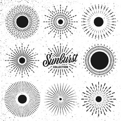 Vintage grunge sunburst, sunset beams. Hand drawn bursting sun, light rays. Logotype or lettering design element in retro style. Vector illustration