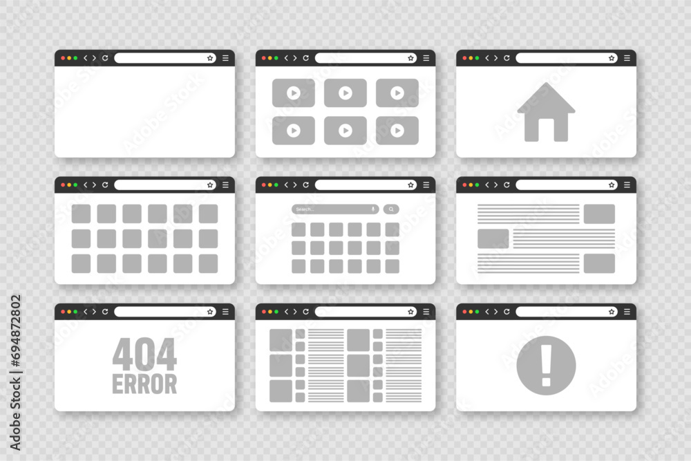 Poster web browser window, pages layout with toolbar and search field. modern website, internet page in fla