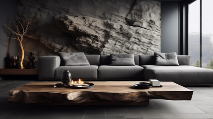 minimalist home interior design modern living room live edge coffee table grey fabric corner sofa stone cladding wall - obrazy, fototapety, plakaty