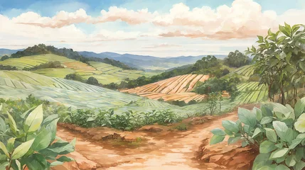Deurstickers 水彩画背景_世界旅行_ブラジル_コーヒー農園_03 © Camellia Studio	