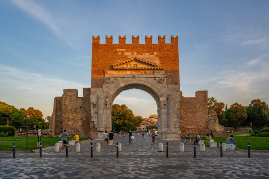 View of Arch of Augustus (Arco d'Augusto) at sunset, Rimini, Emilia-Romagna