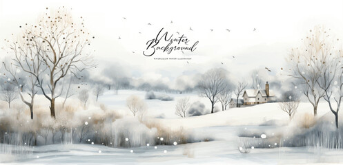 Winter background. Vector watercolor illustration of snowy winter landscape, trees, snowdrift, forest in muted colors for banner, greeting card or poster - obrazy, fototapety, plakaty