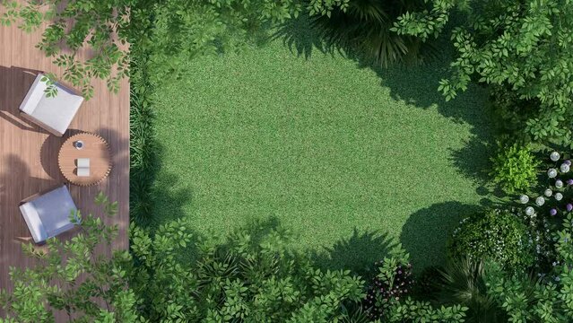 Animation of top view wooden terrace with tropical style garden and empty green lawn for copy space 3d render
