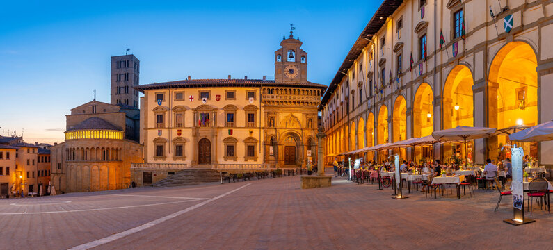 View of architecture in Piazza Grande at dusk, Arezzo, Province of Arezzo, Tuscany