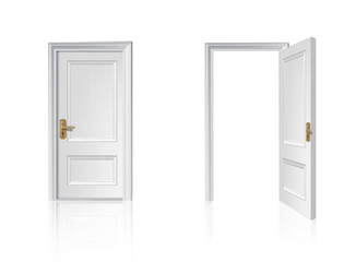 3d realistic vector icon illustration. White wooden entrance door closed and opened. Isolated.