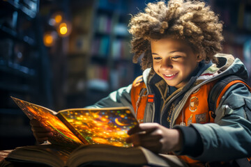 Joyful cute afro american child with curly hair is engrossed in a glowing book, the light casting a magical aura, symbolizing the wonder and adventure found in reading and learning - obrazy, fototapety, plakaty