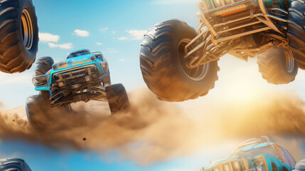 texture with big cars, monster truck drives on sand, big wheels, pattern - obrazy, fototapety, plakaty