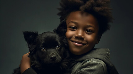 Obraz premium copy space, stockphoto, realistic, National Love Your Pet Day. Little black boy hugging his dog. Peaceful scene. Love and friendship between an animal, dog and boy, owner.