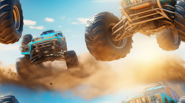 texture with big cars, monster truck drives on sand, big wheels, pattern