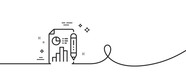 Report document line icon. Continuous one line with curl. Column graph sign. Growth diagram, pie chart symbol. Report document single outline ribbon. Loop curve pattern. Vector