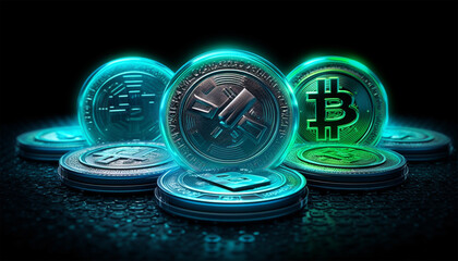 Neon bitcoin and altcoin. Cryptocurrency on Binance, Bitcoin BTC with BNB, Ethereum, Dogecoin, Cardano, Litecoin, altcoin digital coin crypto currency decentralized finance and fintech banking market