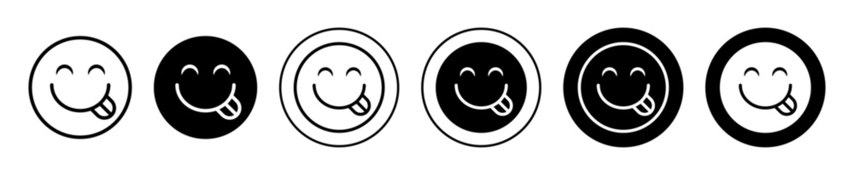 Naklejki Savoring Food Emoji icon. tasty delicious mouth watering yummy savor flavor taste emoticon logo mark vector. savoring smile with licking tongue due to hungry mood symbol. foodie happy face emoji