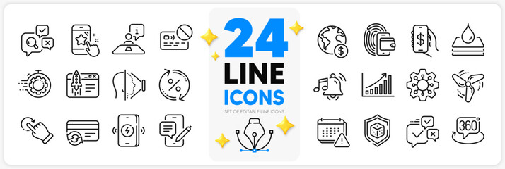 Icons set of Online voting, Inspect and Graph chart line icons pack for app with Dice, Wallet, Phone chat thin outline icon. Rotation gesture, Money app, Interview pictogram. Wind energy. Vector