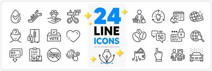 Icons set of Coffee beans, Card and Dermatologically tested line icons pack for app with Stop stress, Digital wallet, Cut ribbon thin outline icon. Click hand, Buyer. Design with 3d stars. Vector