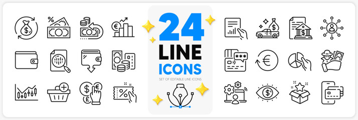 Icons set of Change money, Add purchase and Exchange currency line icons pack for app with Document, Money wallet, Euro rate thin outline icon. Networking, Phone pay, Wallet pictogram. Vector