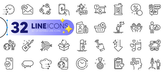 Outline set of Love music, Oil barrel and Teamwork line icons for web with Food delivery, Return package, Mobile internet thin icon. Messages, Energy drops, Like pictogram icon. Vector
