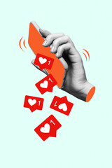 Vertical creative trendy photo collage of hand holding smart phone like heart love falling from...