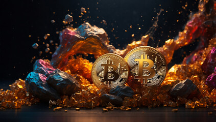 New Bitcoins from a mine. - obrazy, fototapety, plakaty