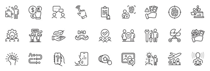 Icons pack as Fraud, Voting campaign and Money currency line icons for app include Hold heart, Journey path, Yoga balance outline thin icon web set. Teamwork, Baby carriage. Fraud outline sign. Vector - obrazy, fototapety, plakaty