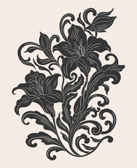 Floral lily easter plant in art nouveau 1920-1930. Hand drawn lily with weaves of lines, leaves and flowers. - obrazy, fototapety, plakaty
