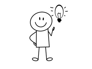 Cartoon stick figure drawing conceptual illustration of happy man holding light bulb.