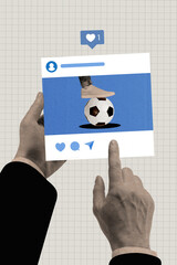 Vertical creative photo collage of man hold instagram facebook post watch football broadcast social...