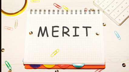 Merit word on a checkered notebook on a light table next to a magnifying glass, paper clips,...