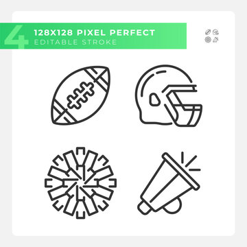 Football equipment linear icons set. American football player helmet. Team support. Game day. Customizable thin line symbols. Isolated vector outline illustrations. Editable stroke