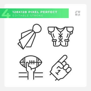 Football game elements linear icons set. Fan support. Game day. American football match. Player uniform. Customizable thin line symbols. Isolated vector outline illustrations. Editable stroke