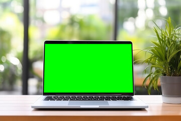 A modern laptop stands on a table with a green screen. Mockup for your advertising on a monitor, laptop against a blurred background of an office, coworking space, cafe - obrazy, fototapety, plakaty