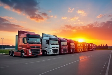 Road freight transportation. Multi-colored heavy-duty trucks are parked against the sunset sky. Concept for transporting cargo, products, logistics, transport company, shipping, business - obrazy, fototapety, plakaty
