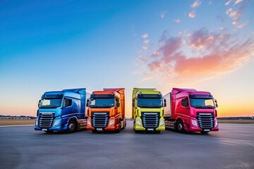 Fototapeta na wymiar Road freight transportation. Multi-colored heavy-duty trucks are parked against the sunset sky. Concept for transporting cargo, products, logistics, transport company, shipping, business