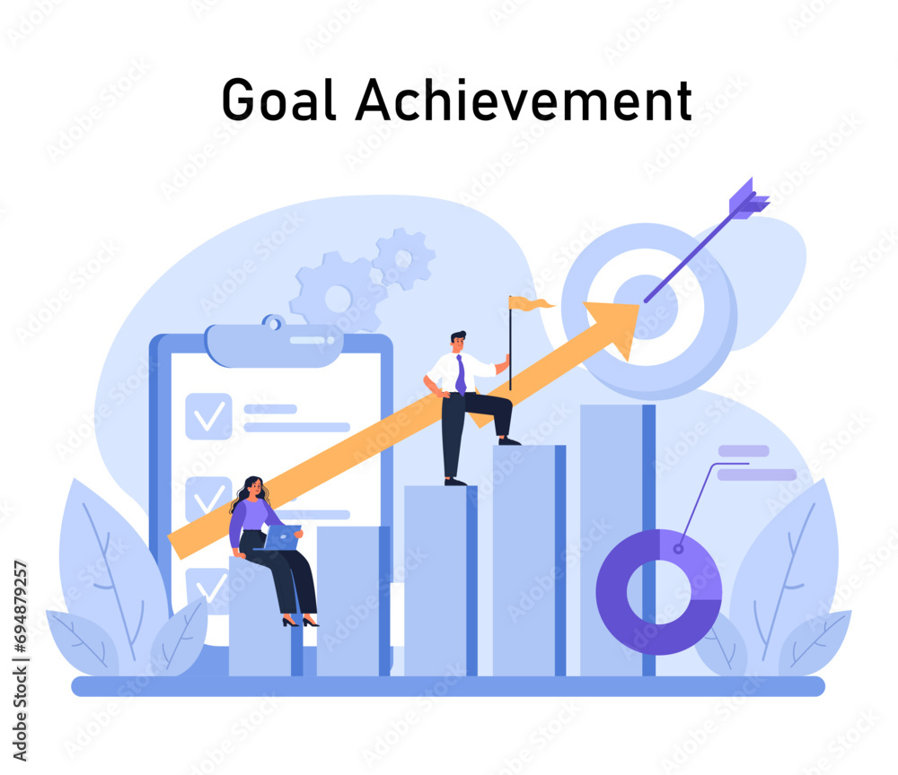 Aufkleber goal achievement emphasized. a man triumphantly reaches a peak with a flag, while a woman analyzes o