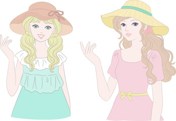 Girl in hat pointing her finger aside