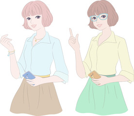 Short hair girl holding mobile phone in hand