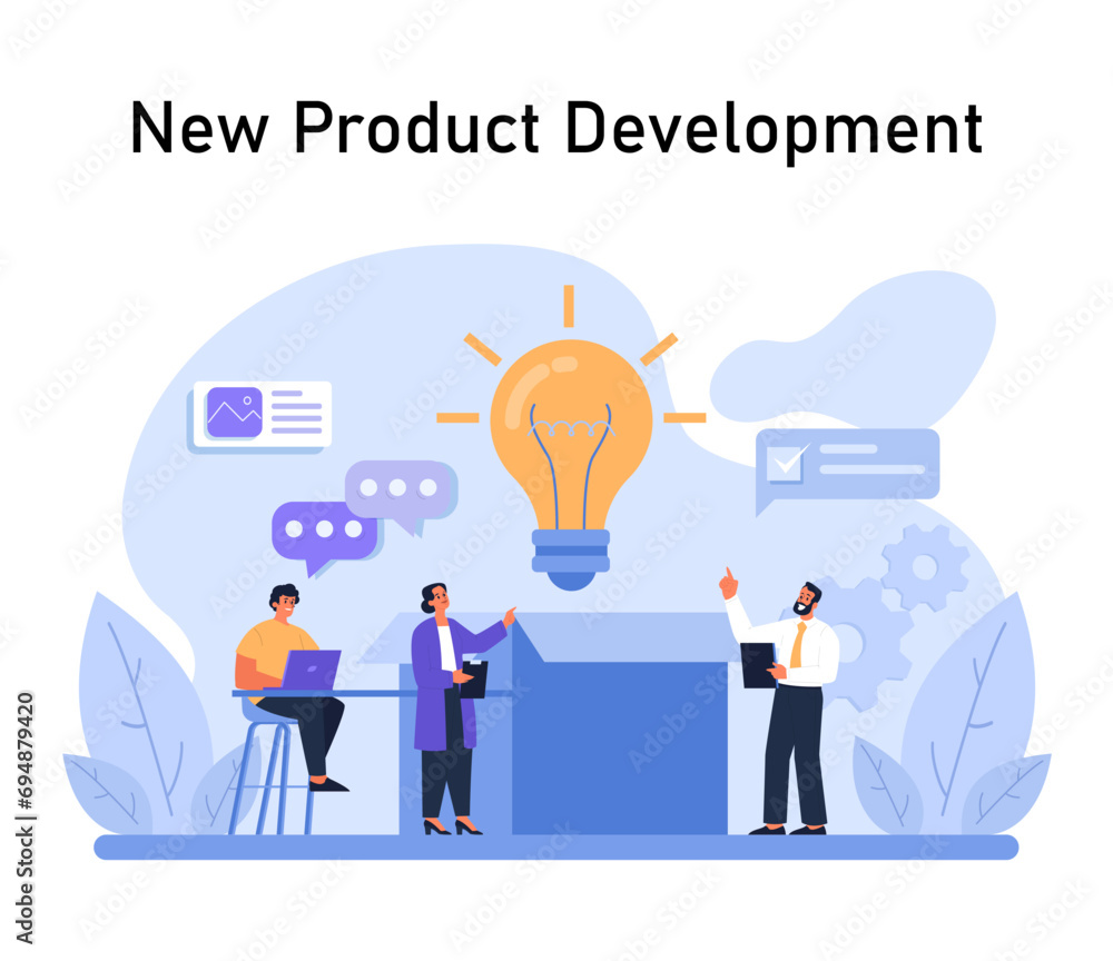 Poster new product development highlighted. team collaborates around a shining bulb, symbolizing innovation