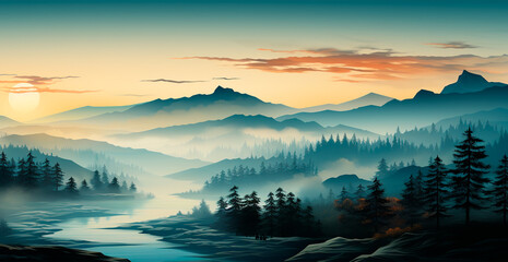 Mountain landscape in haze, panoramic landscape - AI generated image
