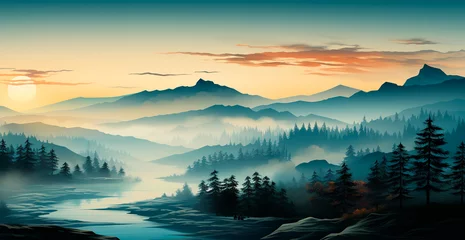 Fotobehang Mountain landscape in haze, panoramic landscape - AI generated image © BEMPhoto