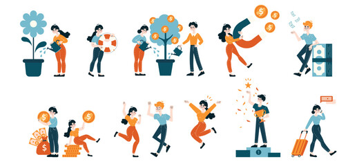 Team Achievement set. Collaborative financial strategies and success celebrations. People nurturing ideas, securing deals, and enjoying profits. Flat vector illustration.