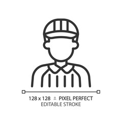 Referee linear icon. American football game regulation. Maintain fair play. Adjudicating sporting event. Thin line illustration. Contour symbol. Vector outline drawing. Editable stroke