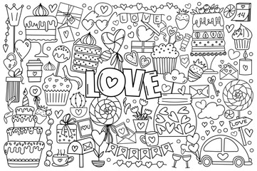 Hand-Drawn Doodle Set In Vector, Featuring A Stress-Relief Coloring Page For Valentine'S Day With Hearts, Candies, And Sweets For February 14, Is A Cute Coloring Book